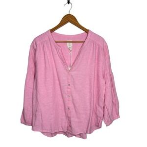 Joie Women Top XL Pink Linen Button Up Vneck Long Sleeve Beachy Tropical Coastal